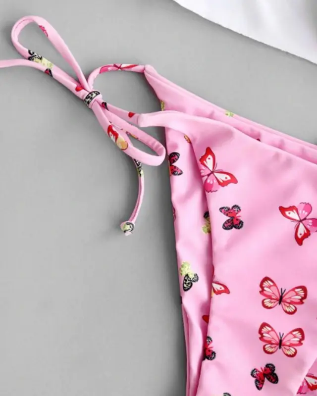 Butterfly Print Triangle Tie Side 3-piece Bikini Sets