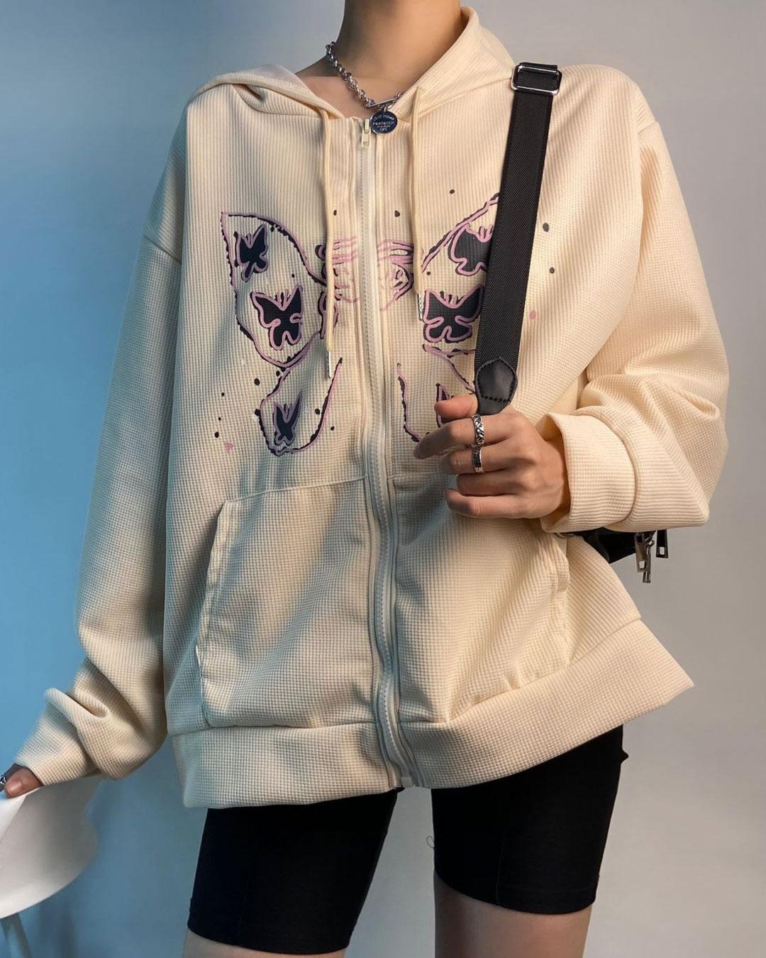 Butterfly Embroidered Zipper Hooded Tracksuit