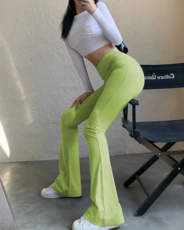 Solid Color High-waisted Bootcut Pants
