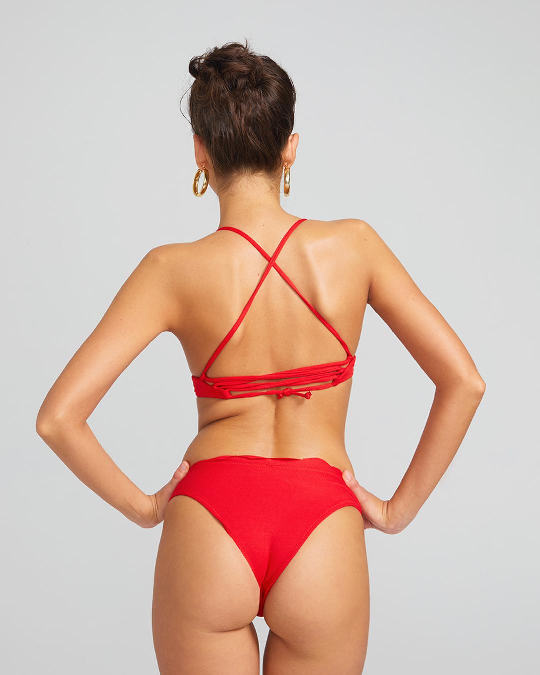 Red Scalloped Edge Low-rise Bikini Bottoms