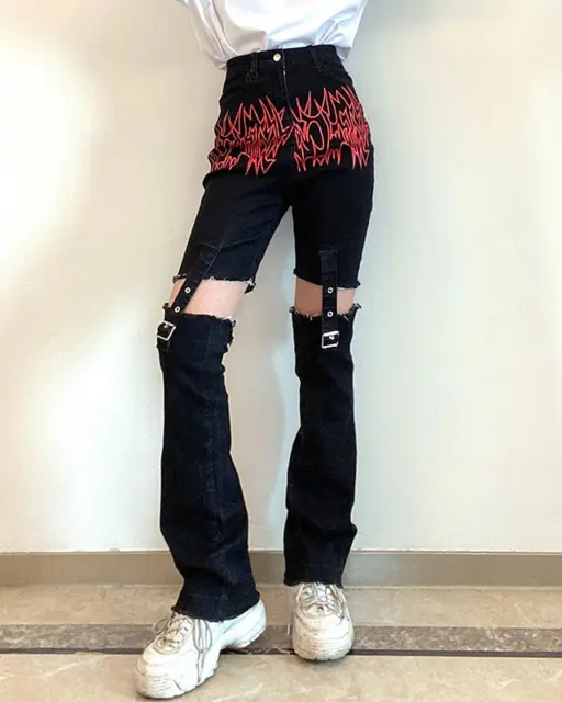 Irregular Graphic Print Cutout Buckle Trousers