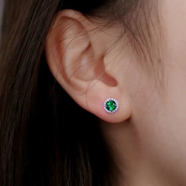 1CT Synthetic Emerald Round Brilliant Cut Earrings