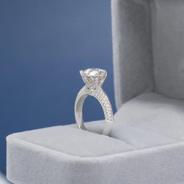 3CT Round Cut Moissanite Ring with Pave Accents
