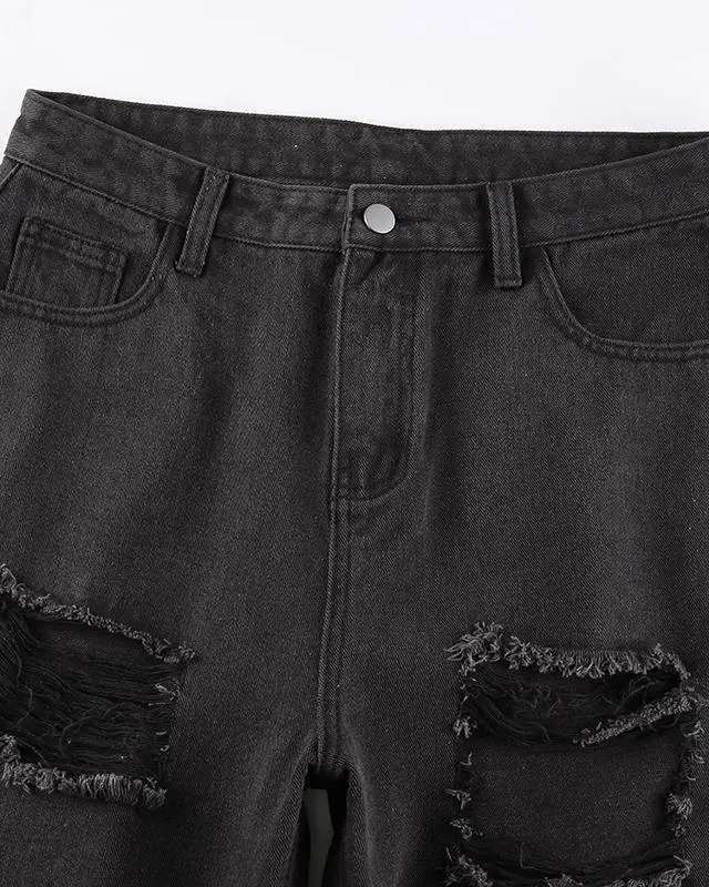 Grunge High Waist Distressed Straight Denims Jeans