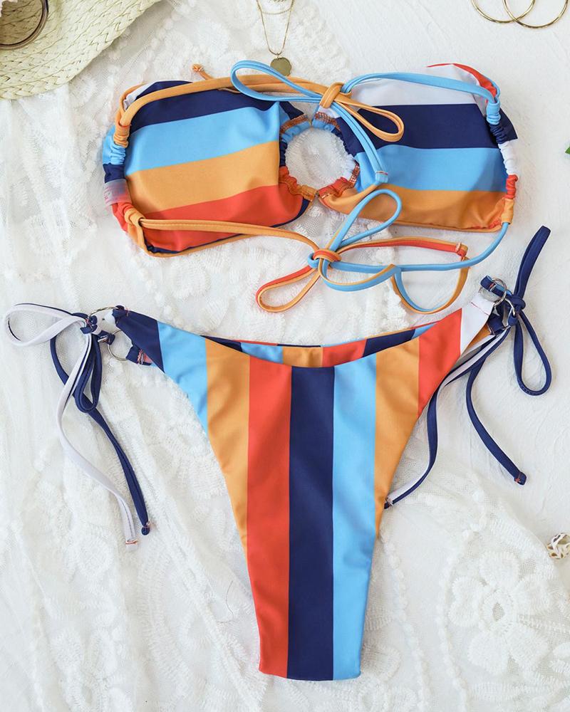 Rainbow Ring Linked Bandeau Tie Side Bikini Sets