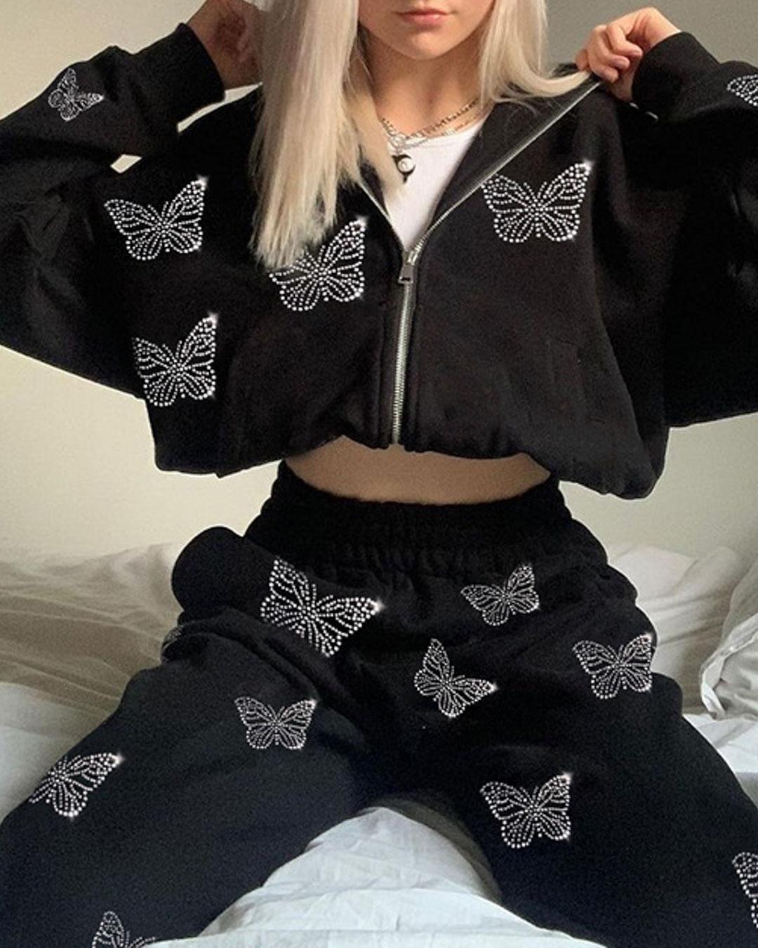 Butterfly Print Zip Up Hooded Tracksuit