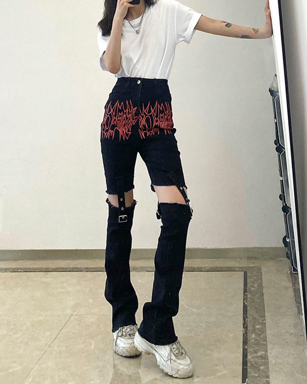 Irregular Graphic Print Cutout Buckle Trousers