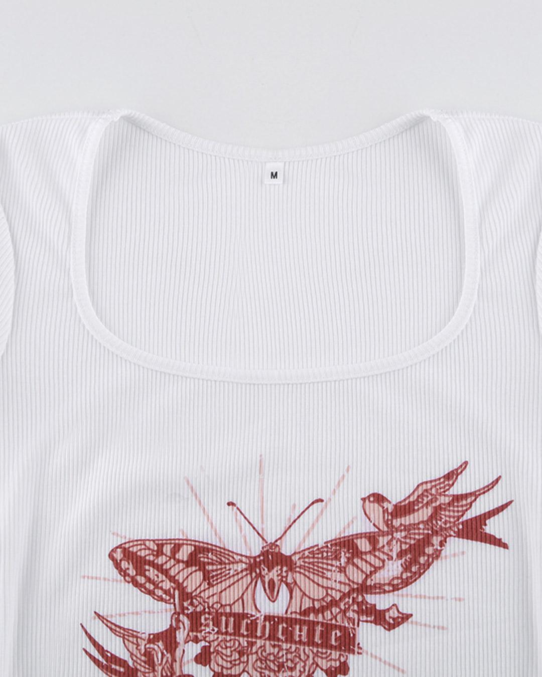 Butterfly Print  Asymmetrical Hem Crop Top