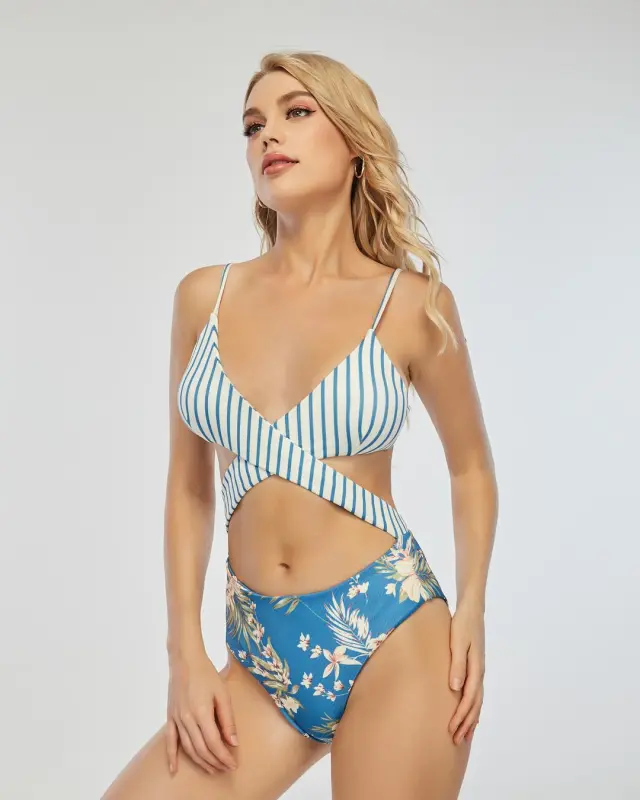 Striped Floral Mix&Match One-Piece Swimsuit