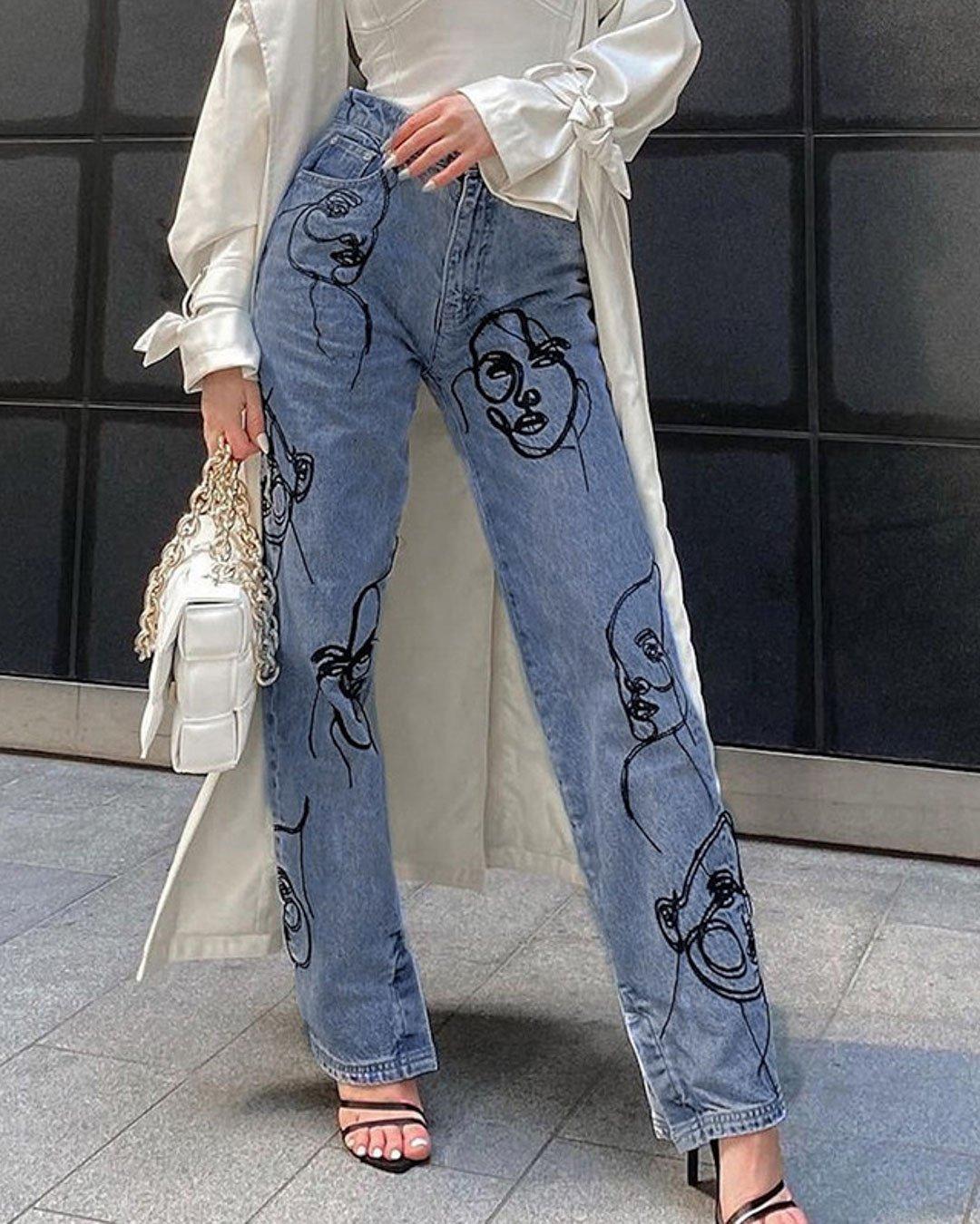 Face Print Casual Stretch Straight Jeans
