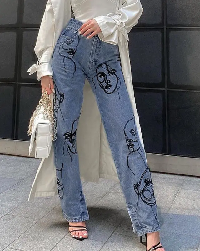 Face Print Casual Stretch Straight Jeans