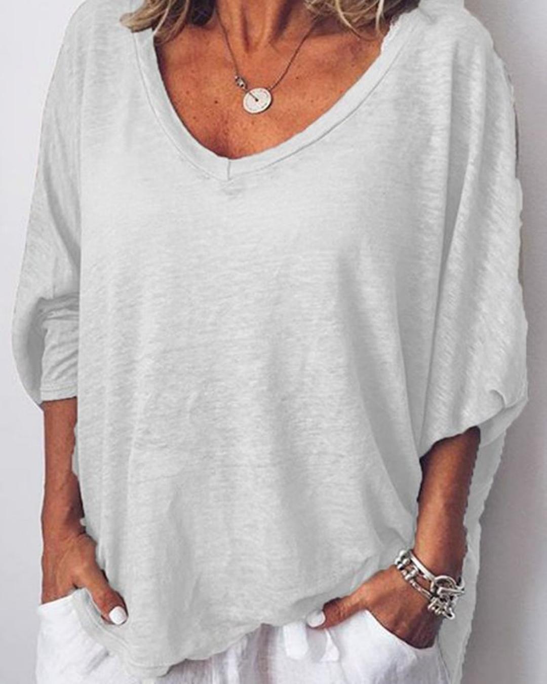 V-Neck Solid Casual Loose T-Shirt