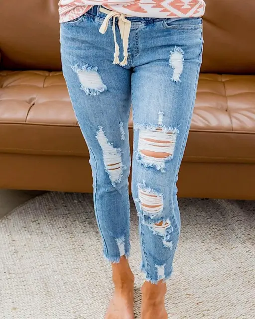 Distressed Drawstring Jeans