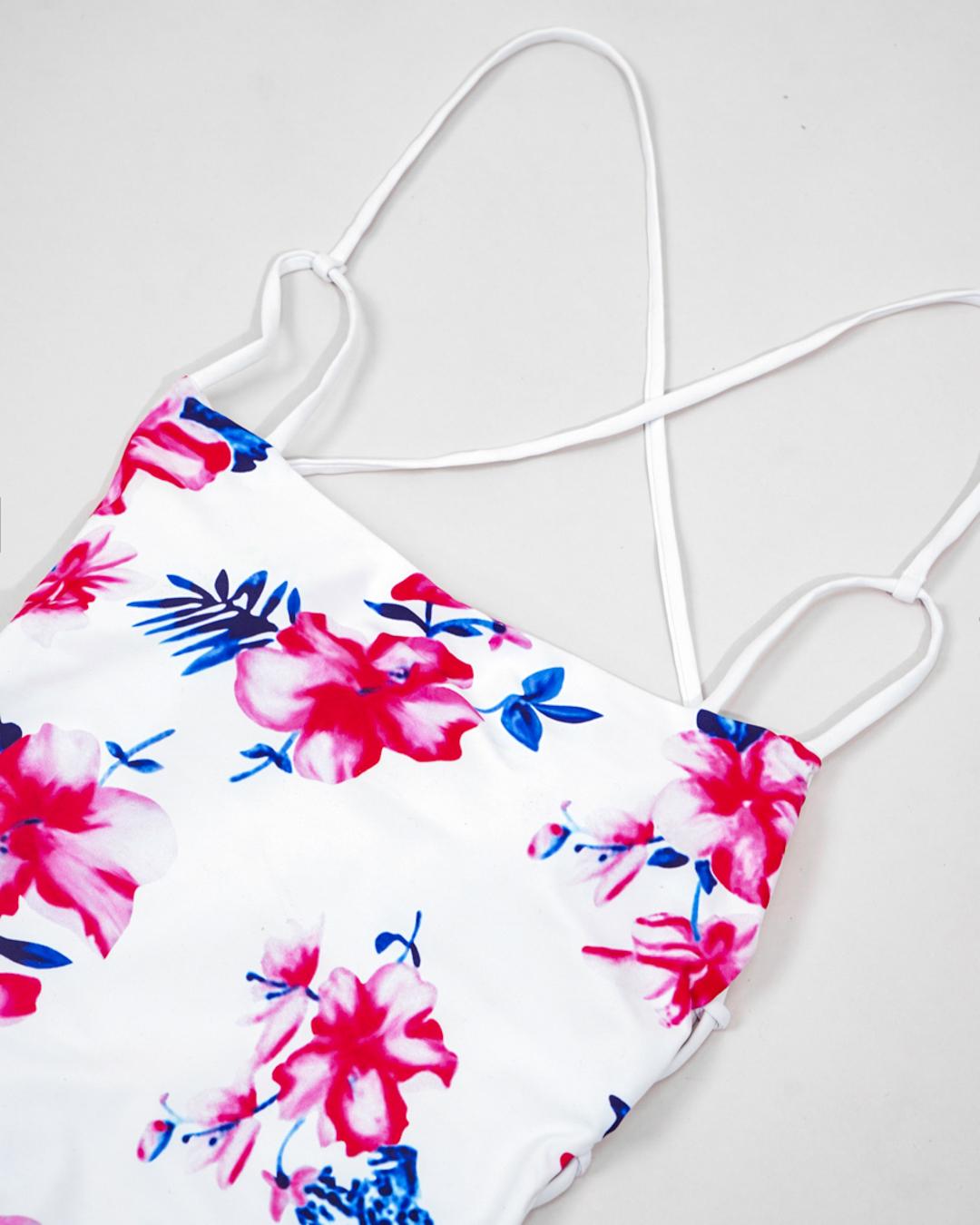 Floral Print Tie Strap One-Piece Bikini Swimsuits