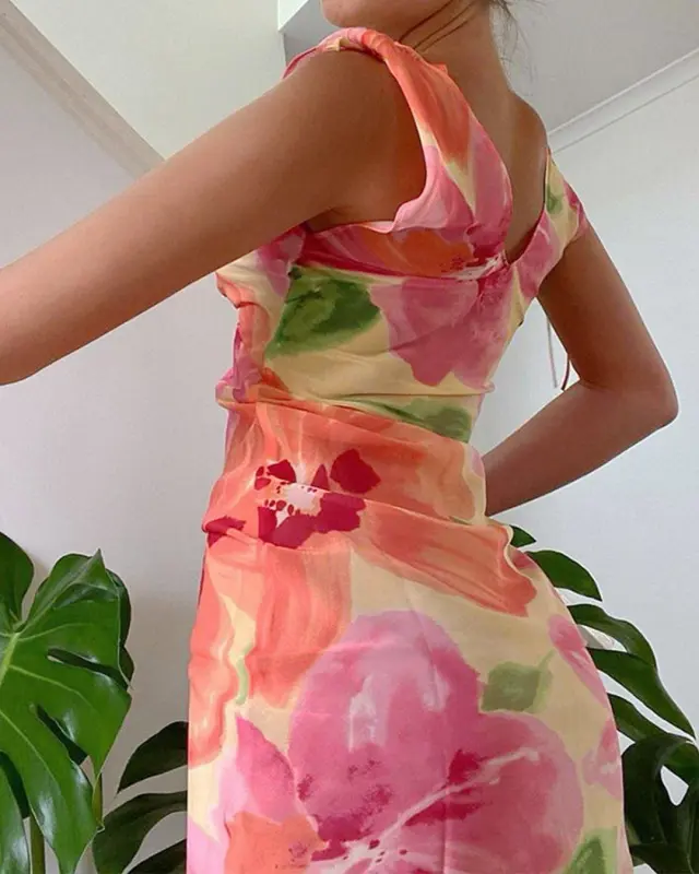 Floral Print V-neck Sleeveless Dresses