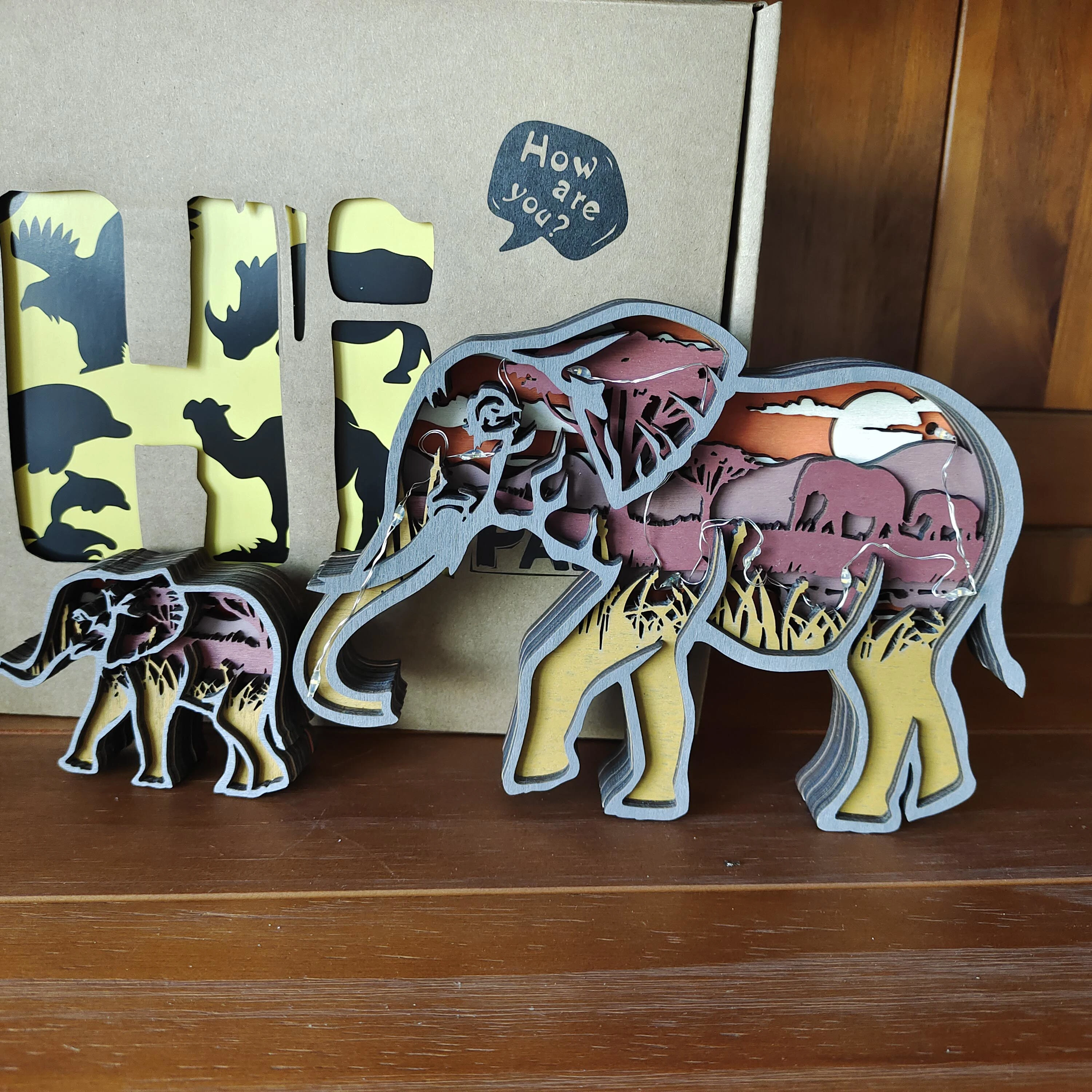 Elephant Wooden Animal Statues Night Light, For Home Desktop & Room Wall Decor, Holiday Gift