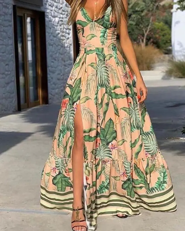 Floral Print V-neck Split Hem Maxi Dresses