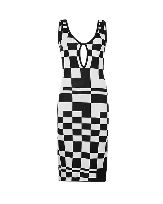 Last One - Check Pattern Front Keyhole Backless Knitted Dresses