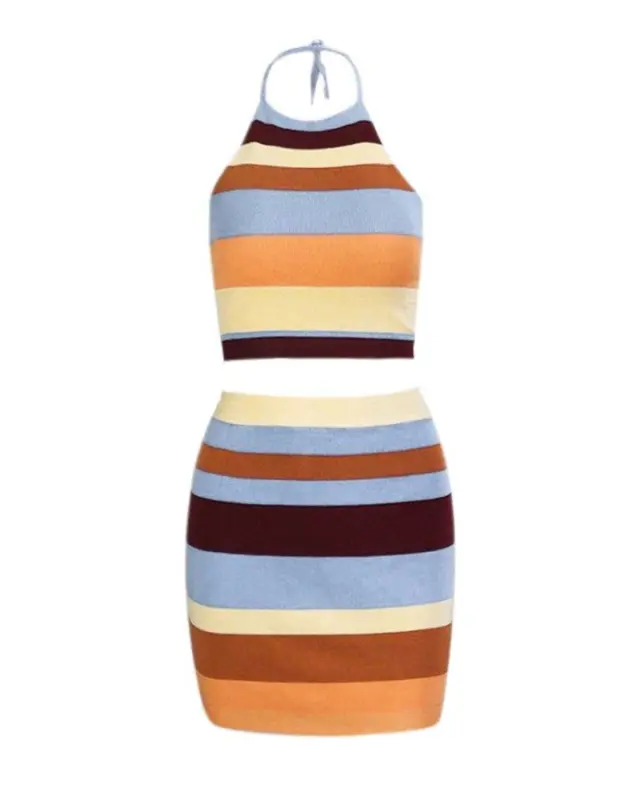 Rainbow Striped Halter Skirt Set