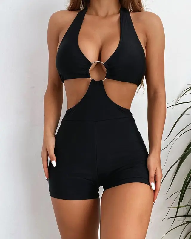 Black Lace-Up Buckle One-Piece Swimsuits
