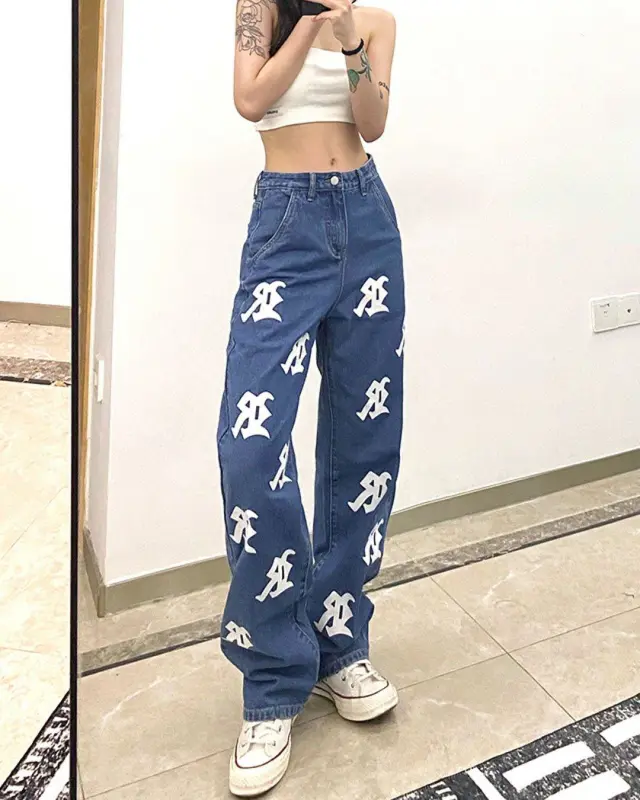 Last One - Low-rise Graphic Print Straight Jeans