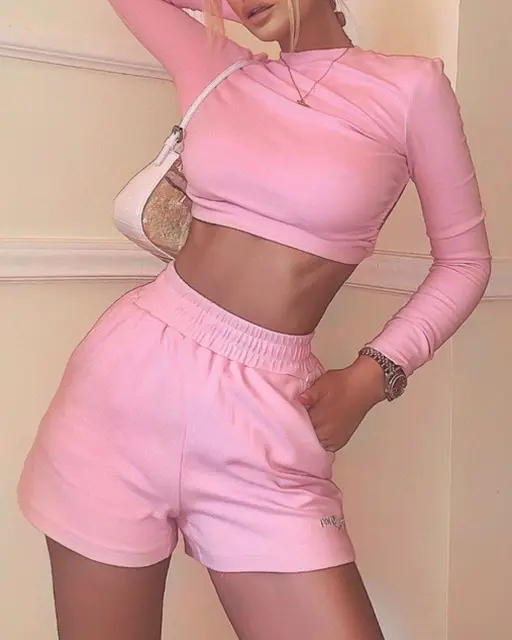 Backless Long Sleeve Solid Color Crop Top & Shorts Set