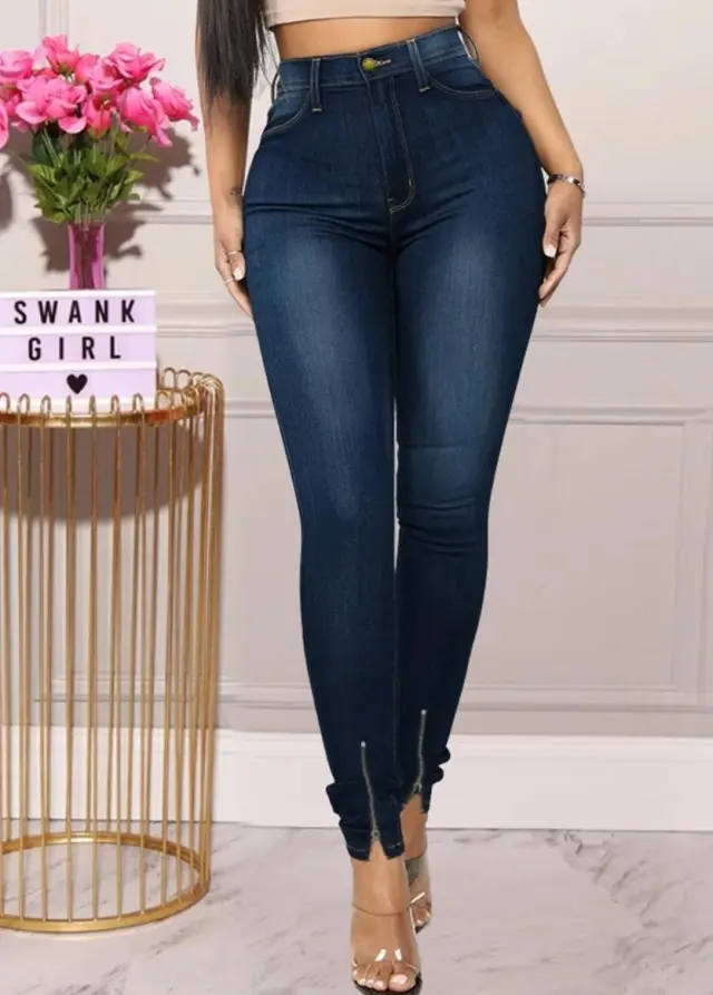 Solid Pocket Women Long Jeans