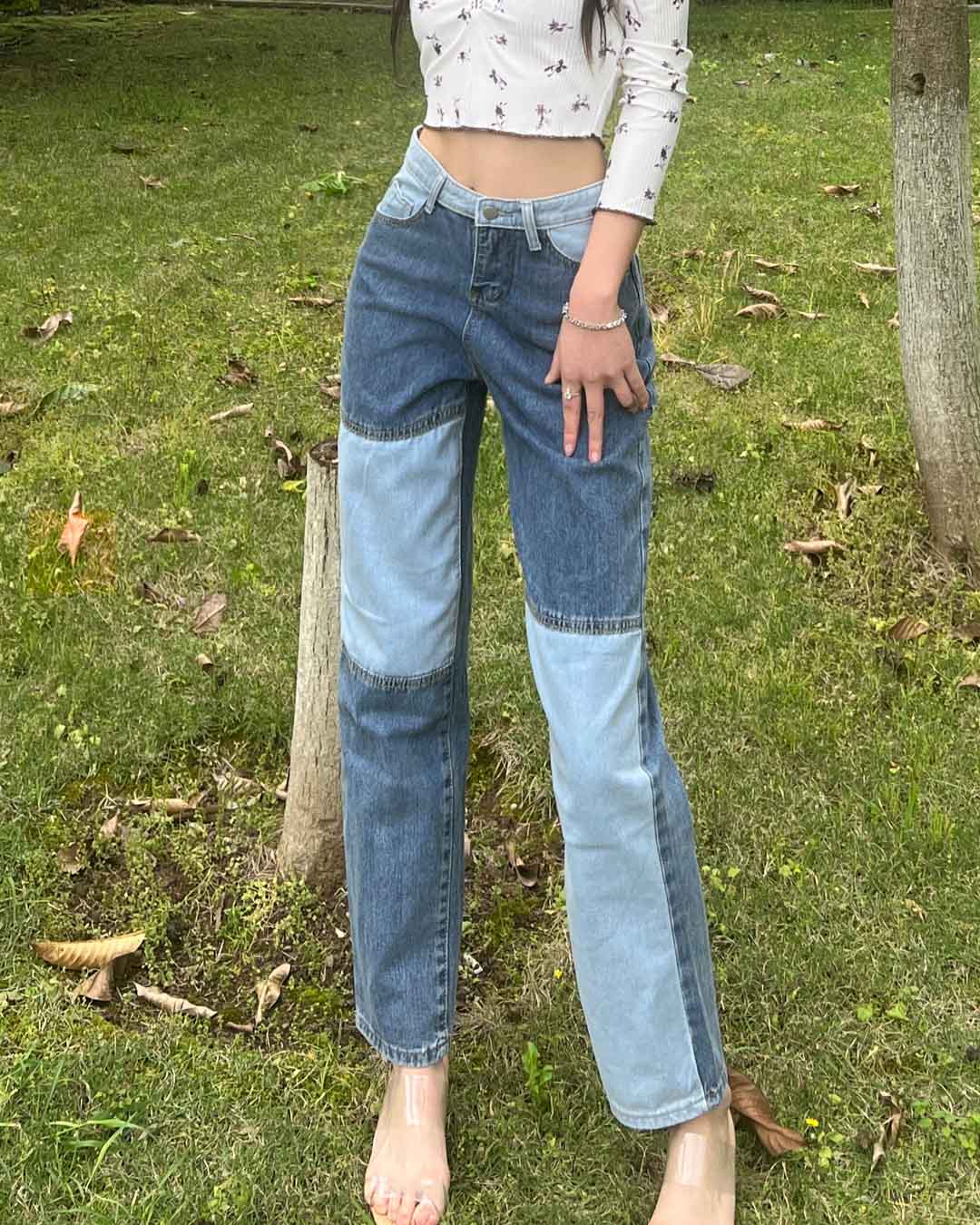 Colorblock Mid-rise Straight Jeans
