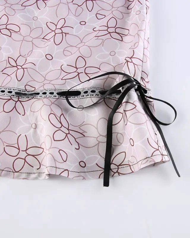 Floral Print Lace Patchwork Front Tie Mini Dresses