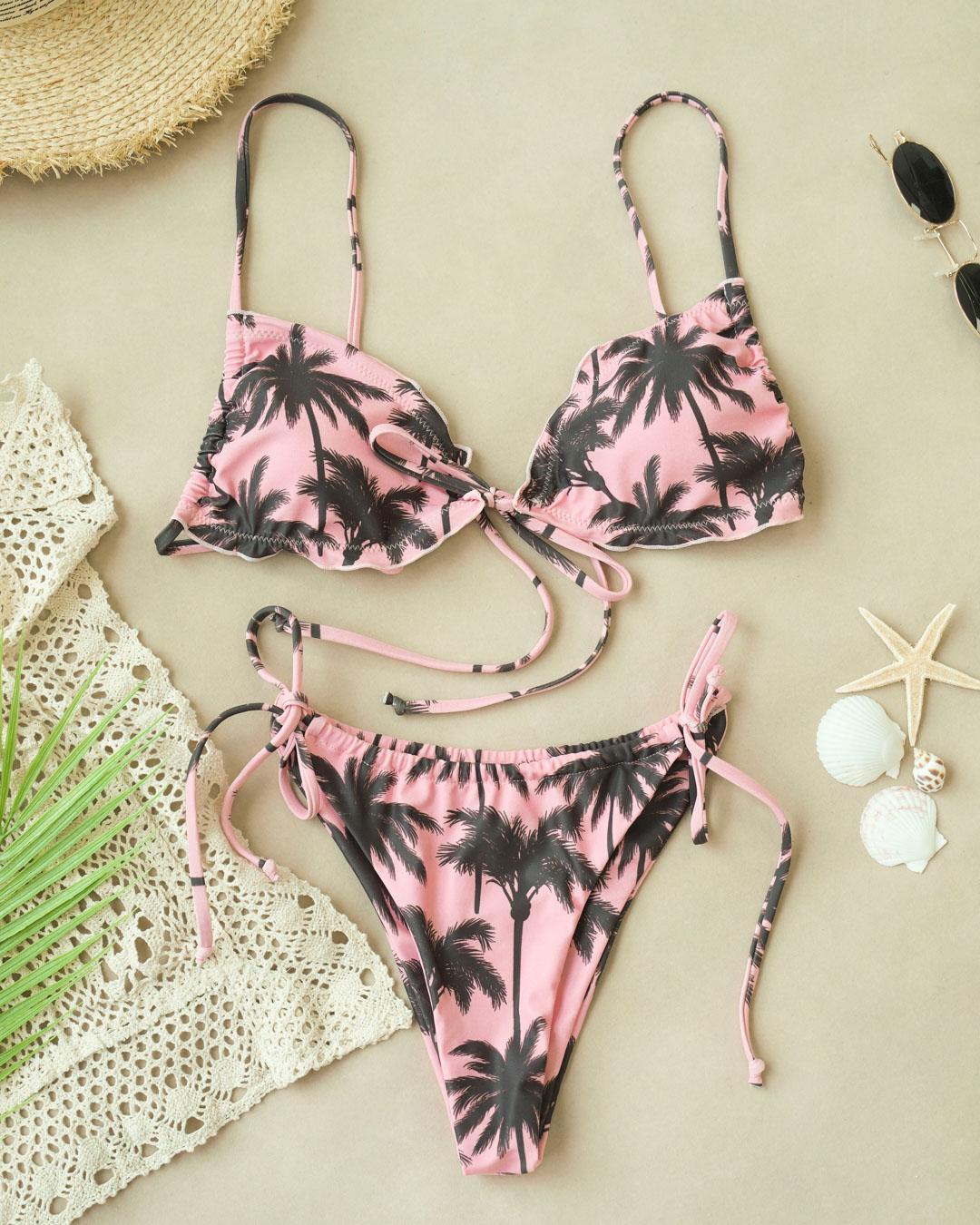 Tropical Print Front Knot Tie Side Bikini Sets