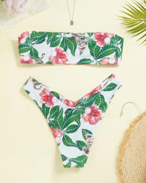 Tropical Print Bandeau V-shaped Bikini Sets