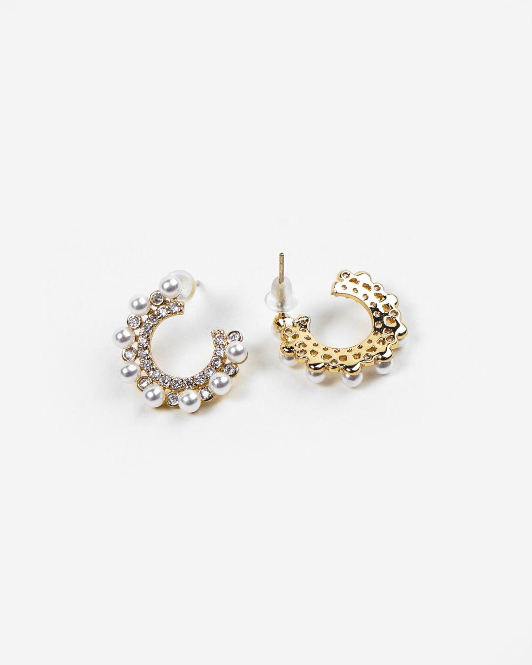 Golden C-shaped Zircon Pearl Earrings