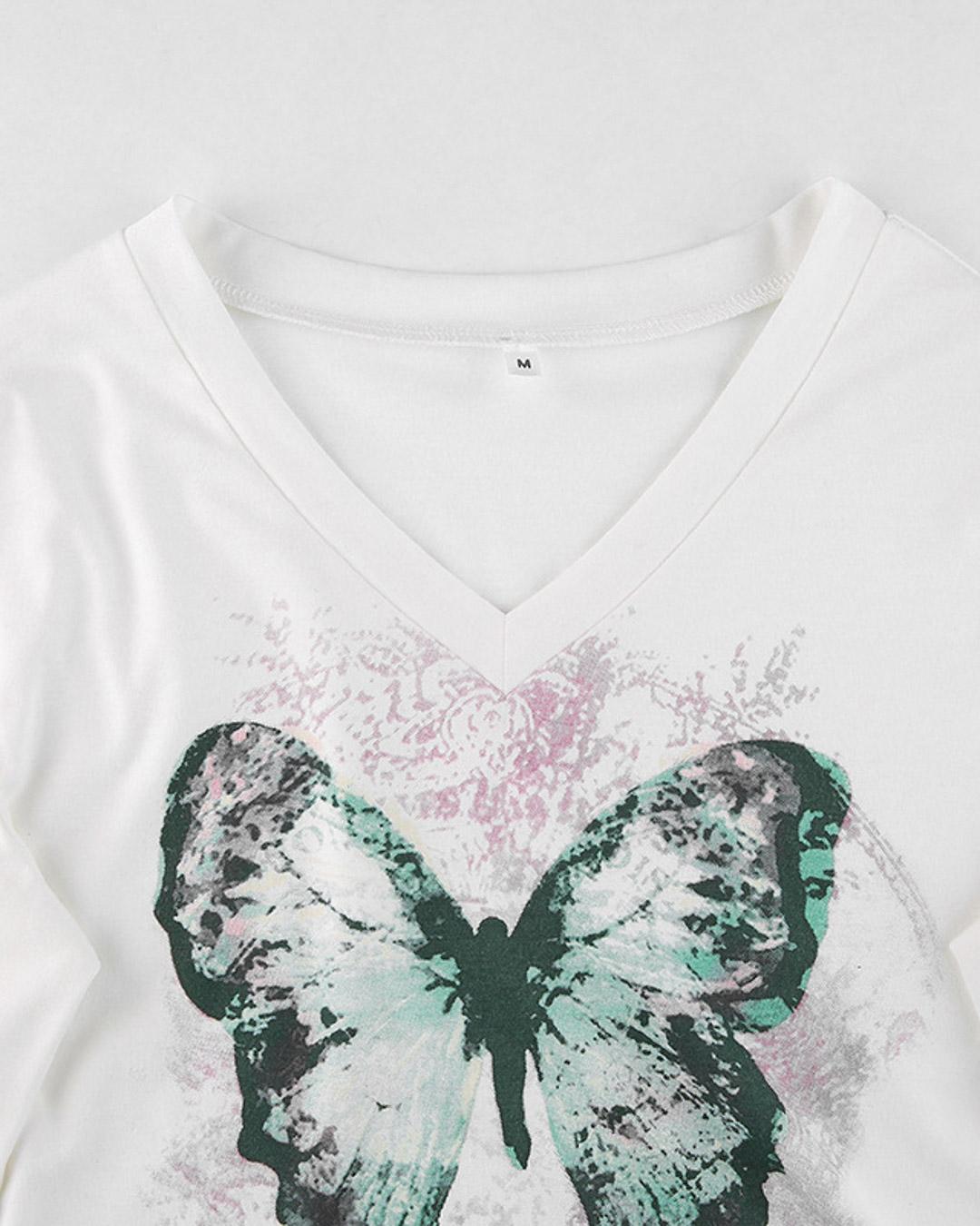 VOEYYE Butterfly Print Long Sleeve Crop Tees