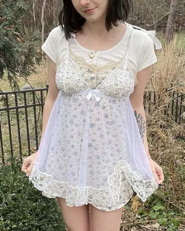 Lace Patchwork Plunge Neck Mini Dresses