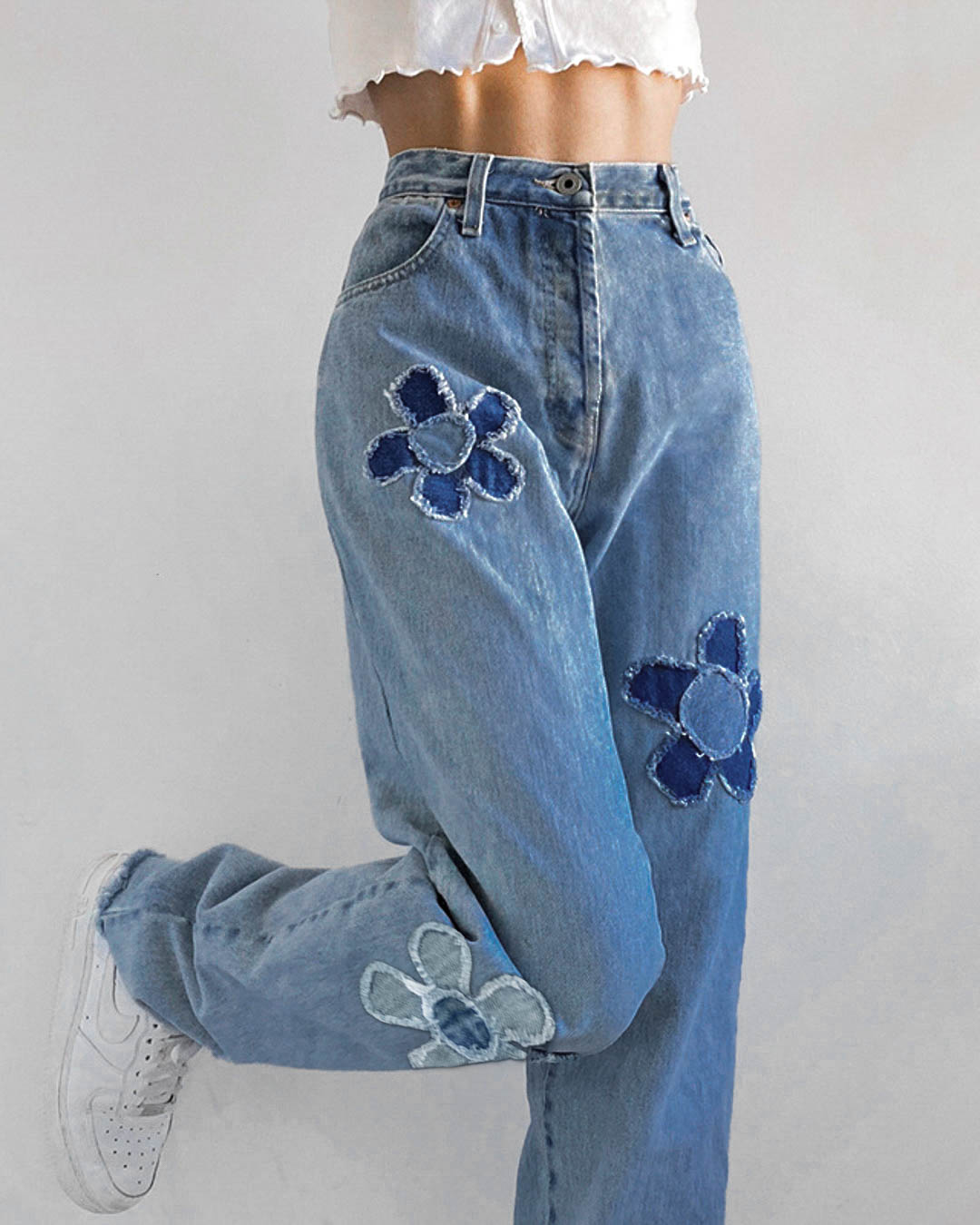 High-rise Flower Patched Straight Jeans