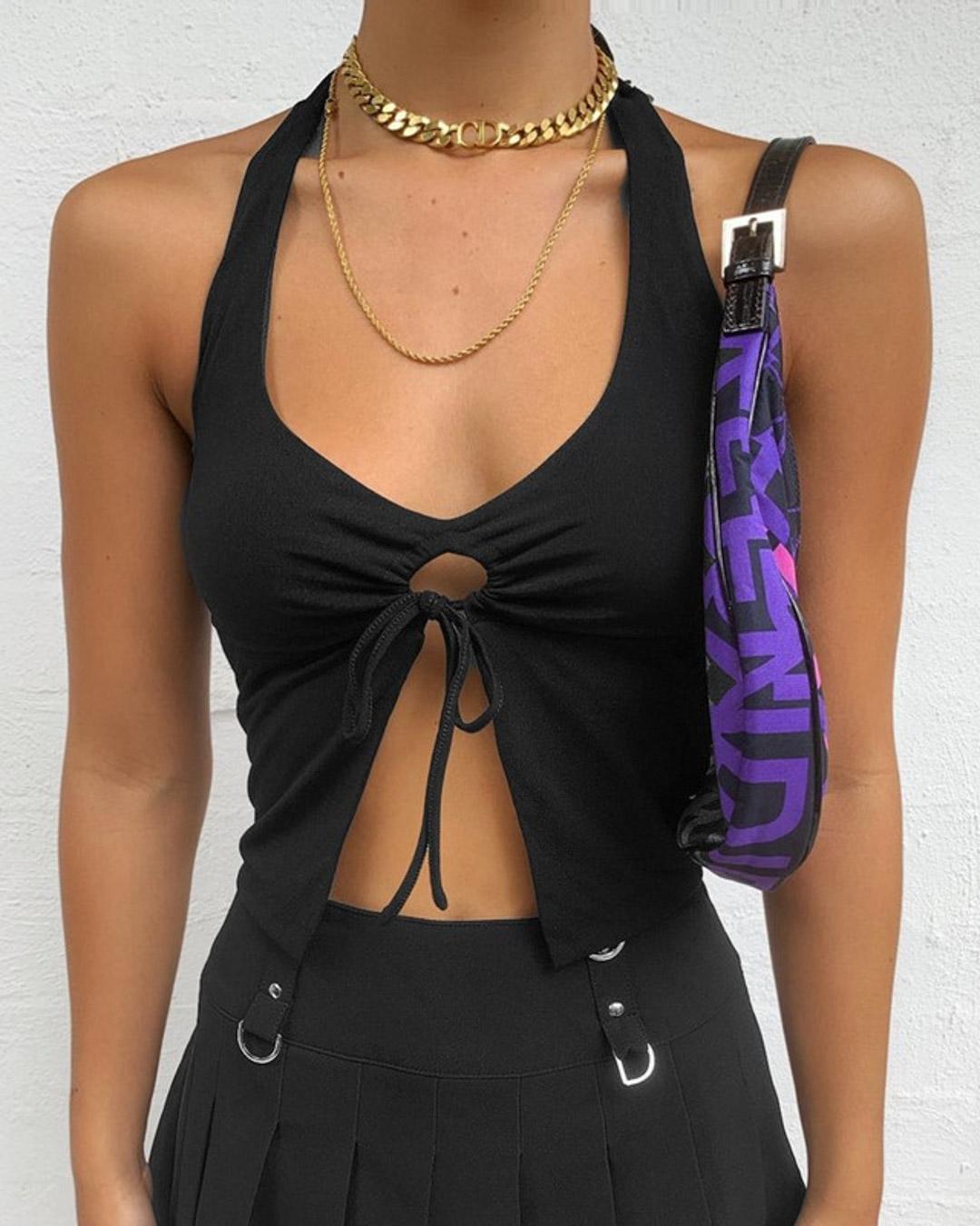 Cut-outs Tie Front Halter Tank Tops