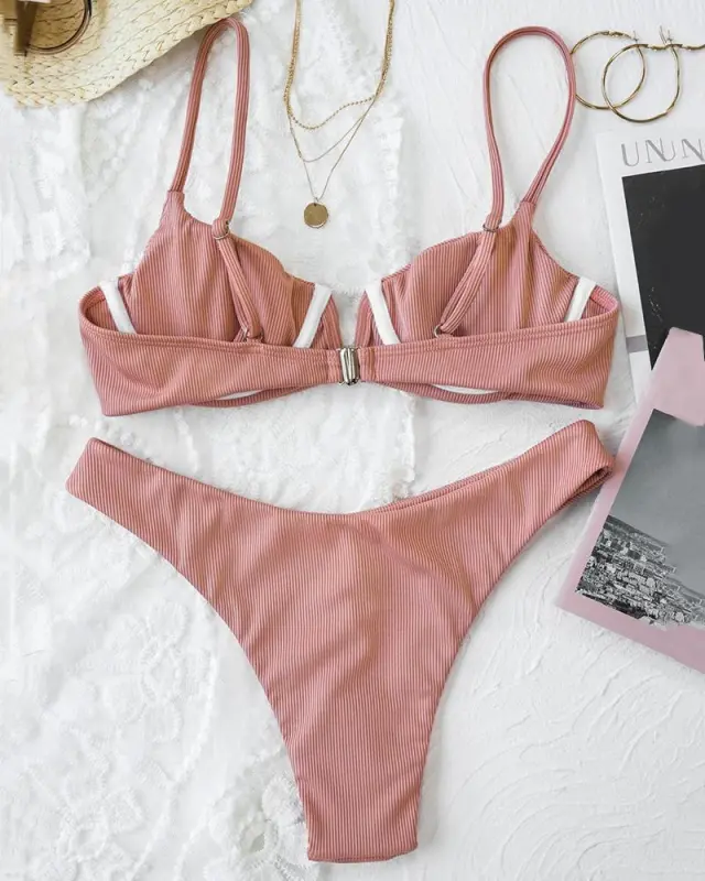 Pink Ribbed V-wired Low Rise Bikini Sets