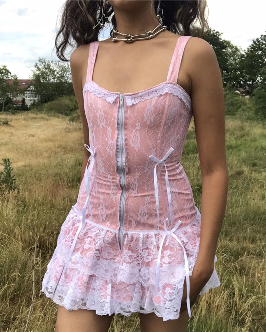 Pink Lace Patchwork Zipper Mini Dresses