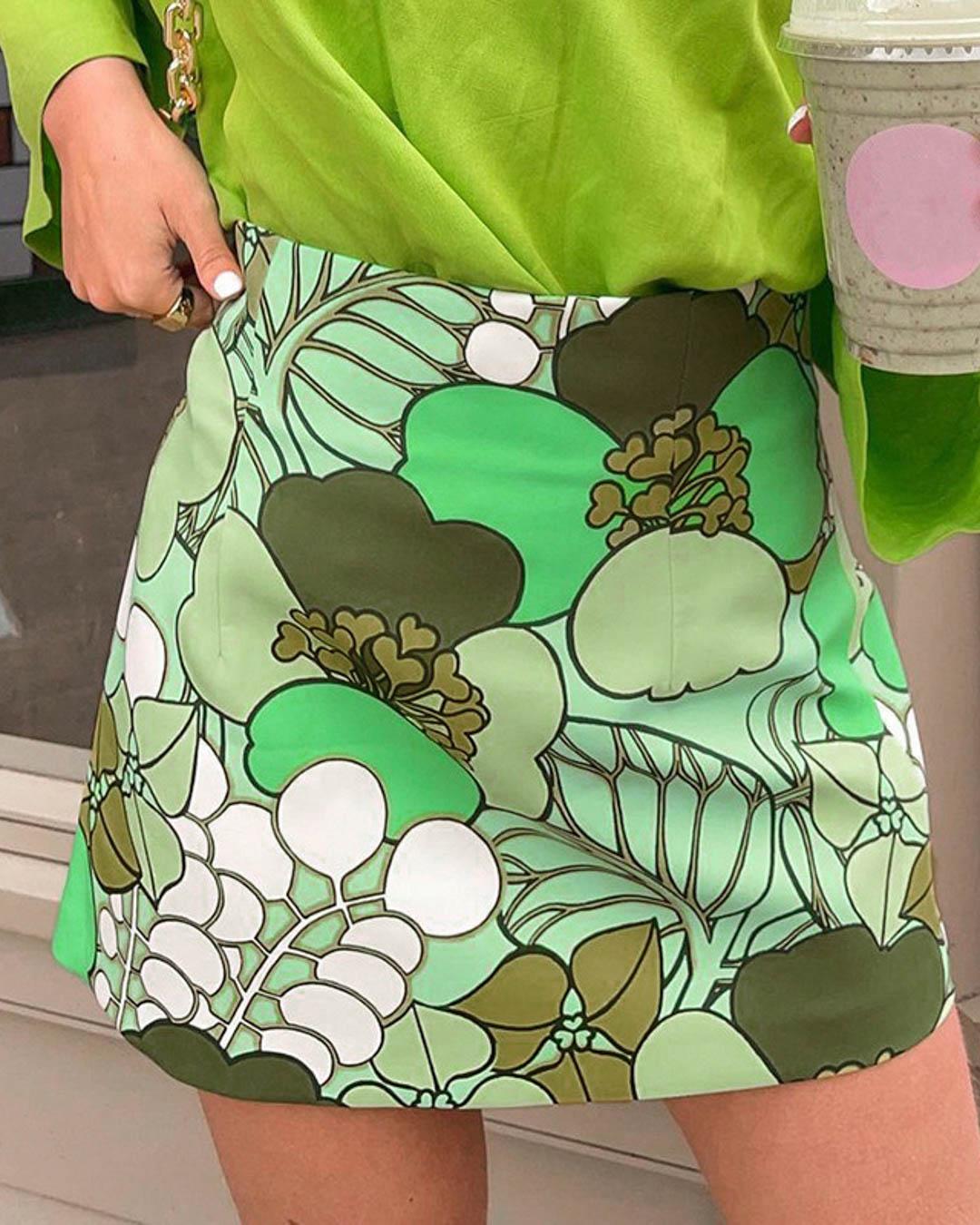 Leaf Print High Waisted Mini Skirt