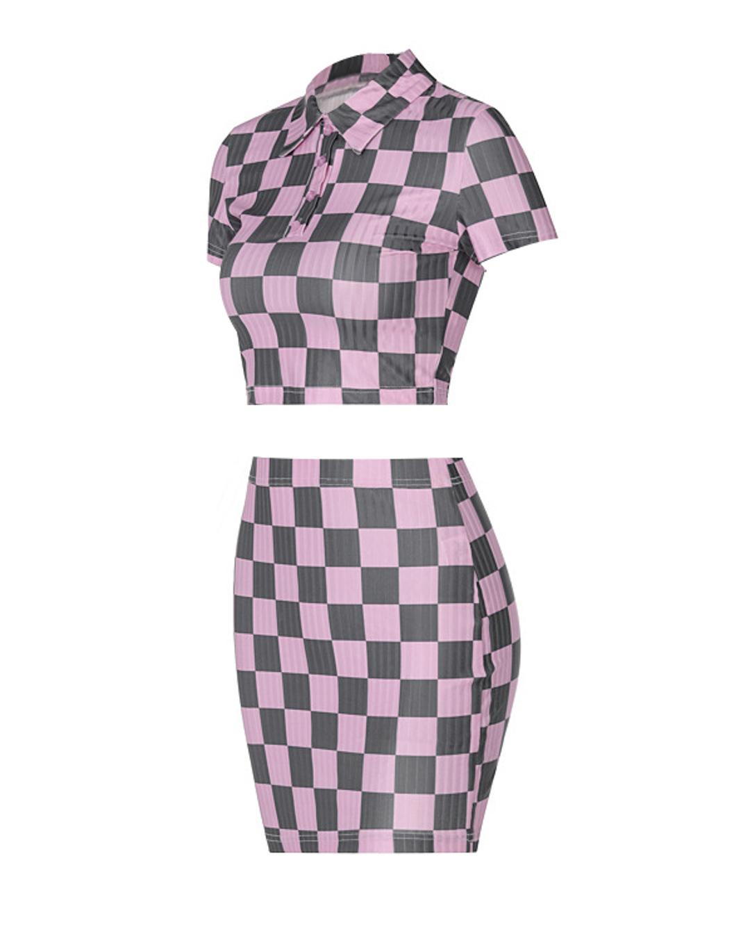 Plaid Half Button Crop Top& Skirt Set
