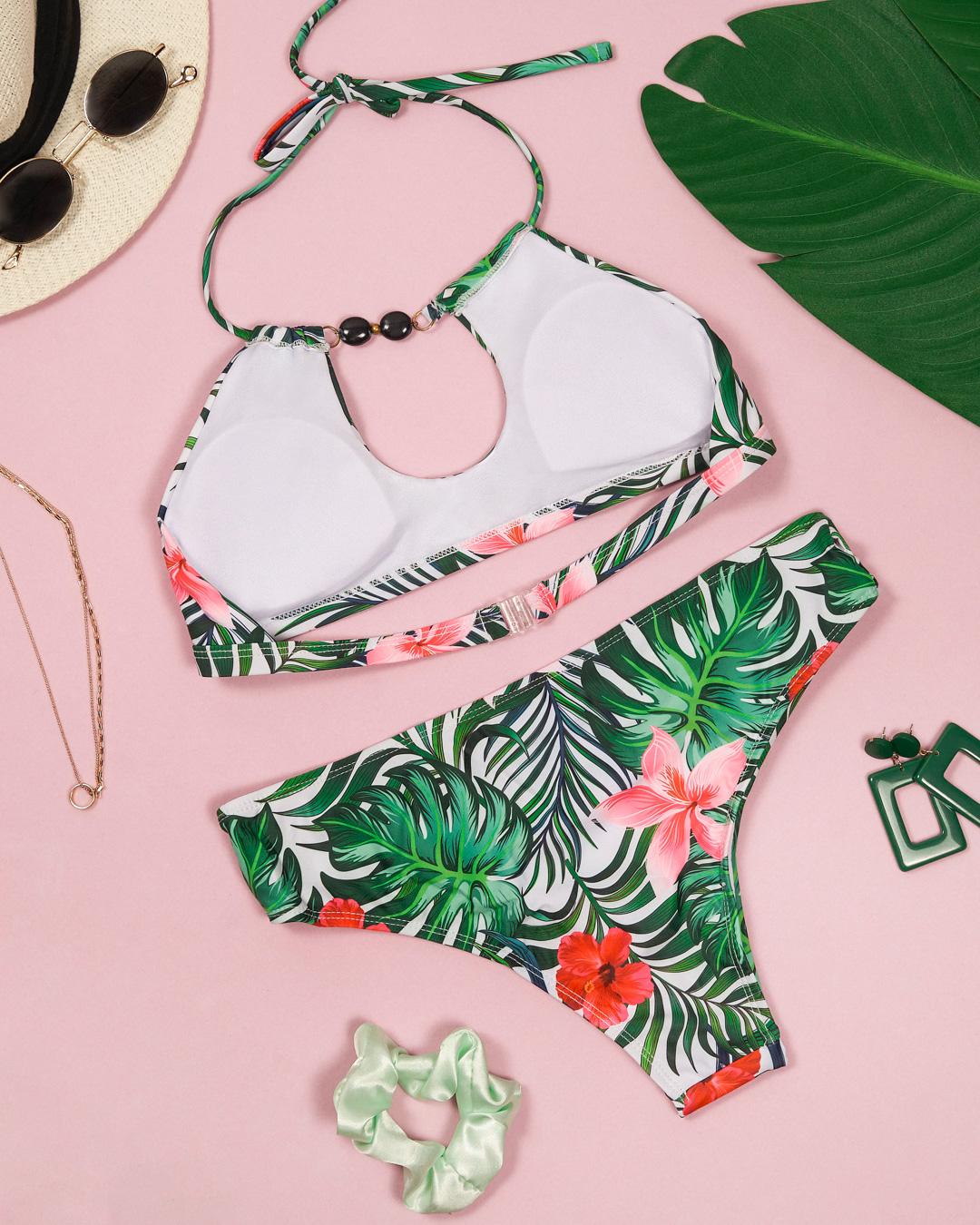 Leaf Print Cut Out Halter Low-rise Bikini Sets