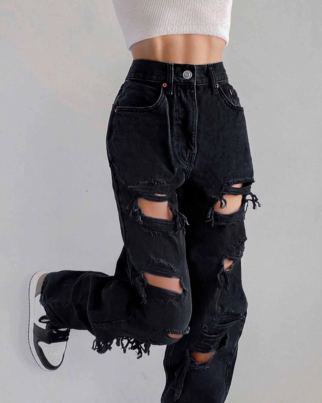High Waisted Distressed Straight Jeans
