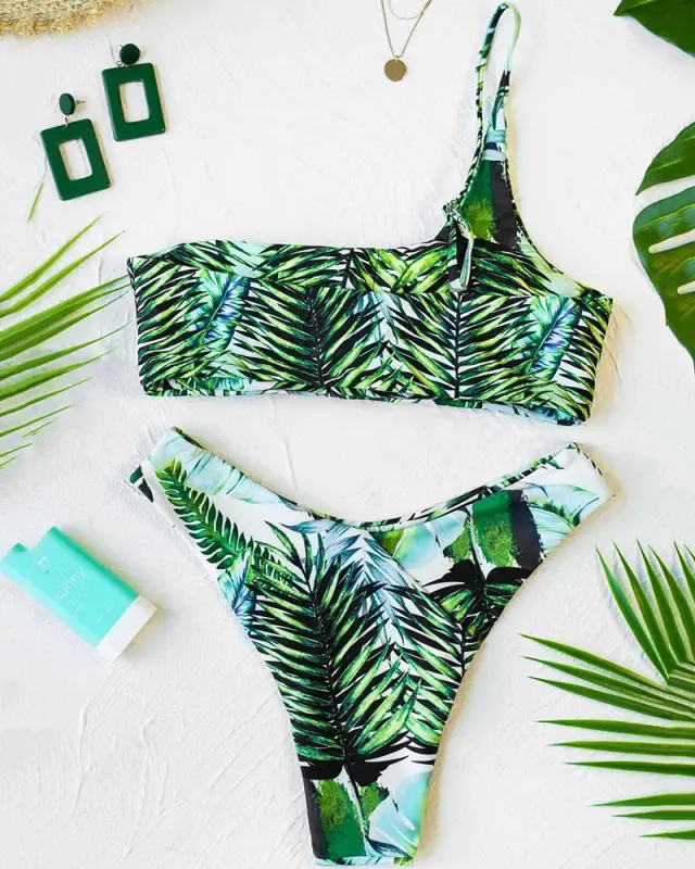 Tropical Print One-Shoulder Bikini Sets