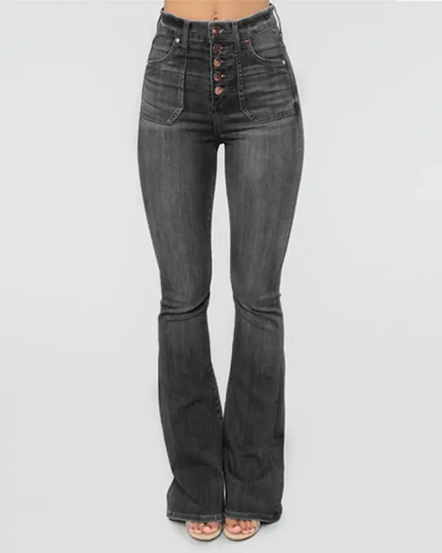 Button Washed Flare Jeans