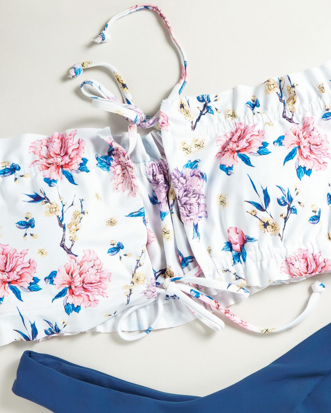 Floral Print Tie Strap Bandeau Bikini Sets