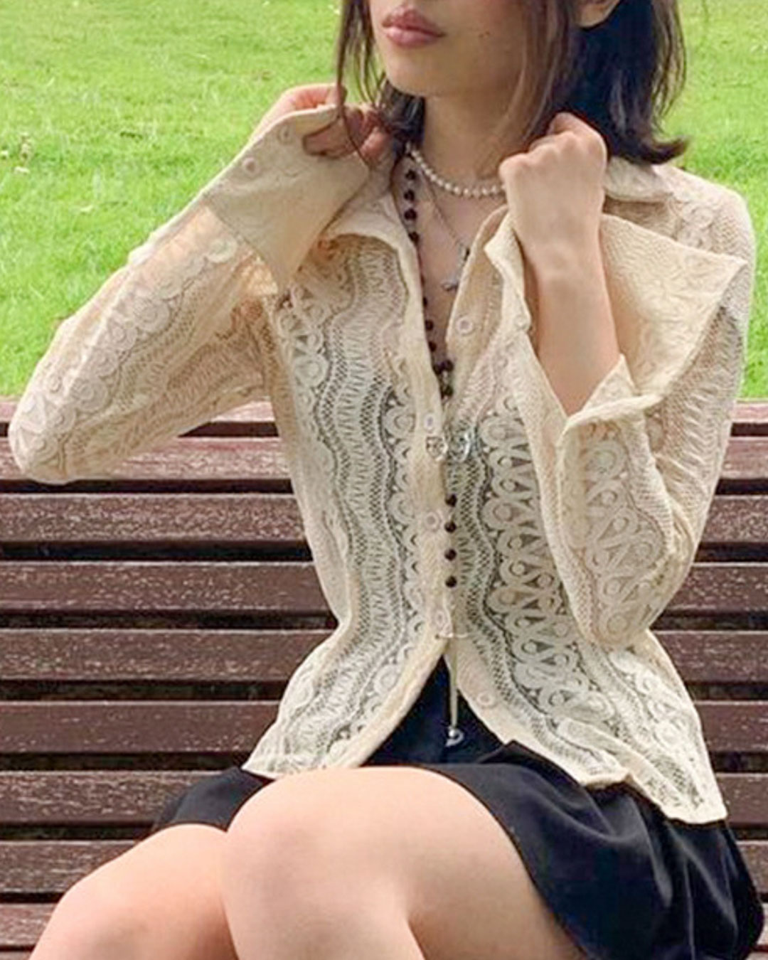 Lace See-through Button Up Blouse