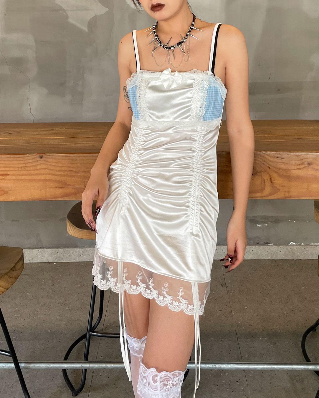 Lace Patchwork Ruched Spaghetti Strap Drawstring Mini Dresses