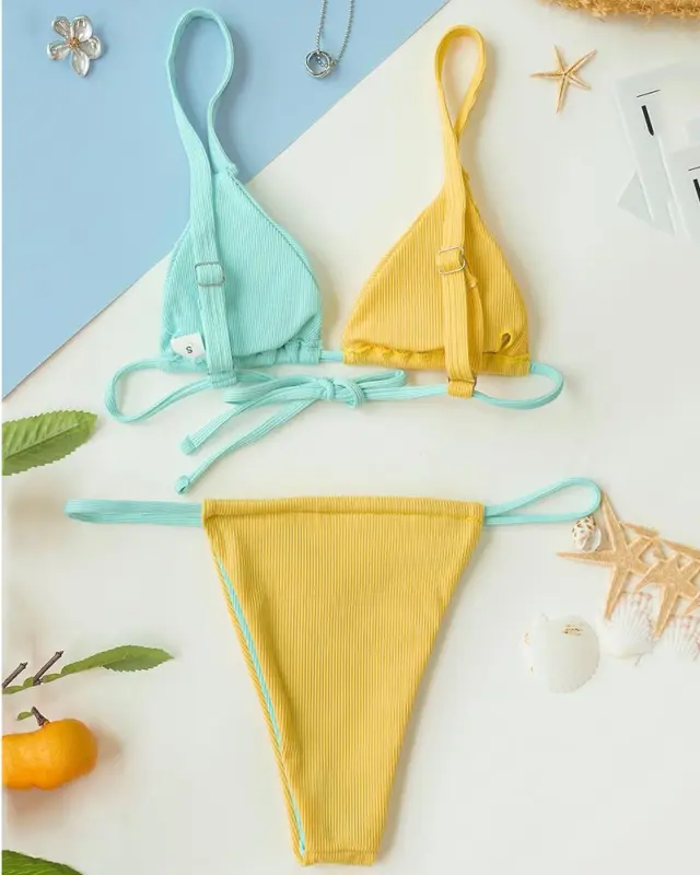 Ribbed Colorblock Triangle Thong Bikini Set