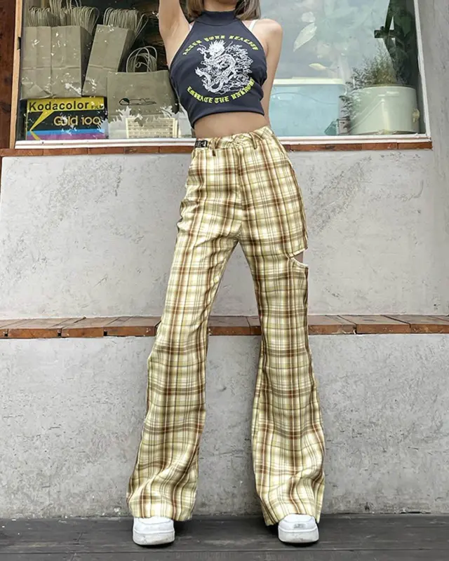 High-waisted Cut Out Beaded Plaid Bootcut Pants