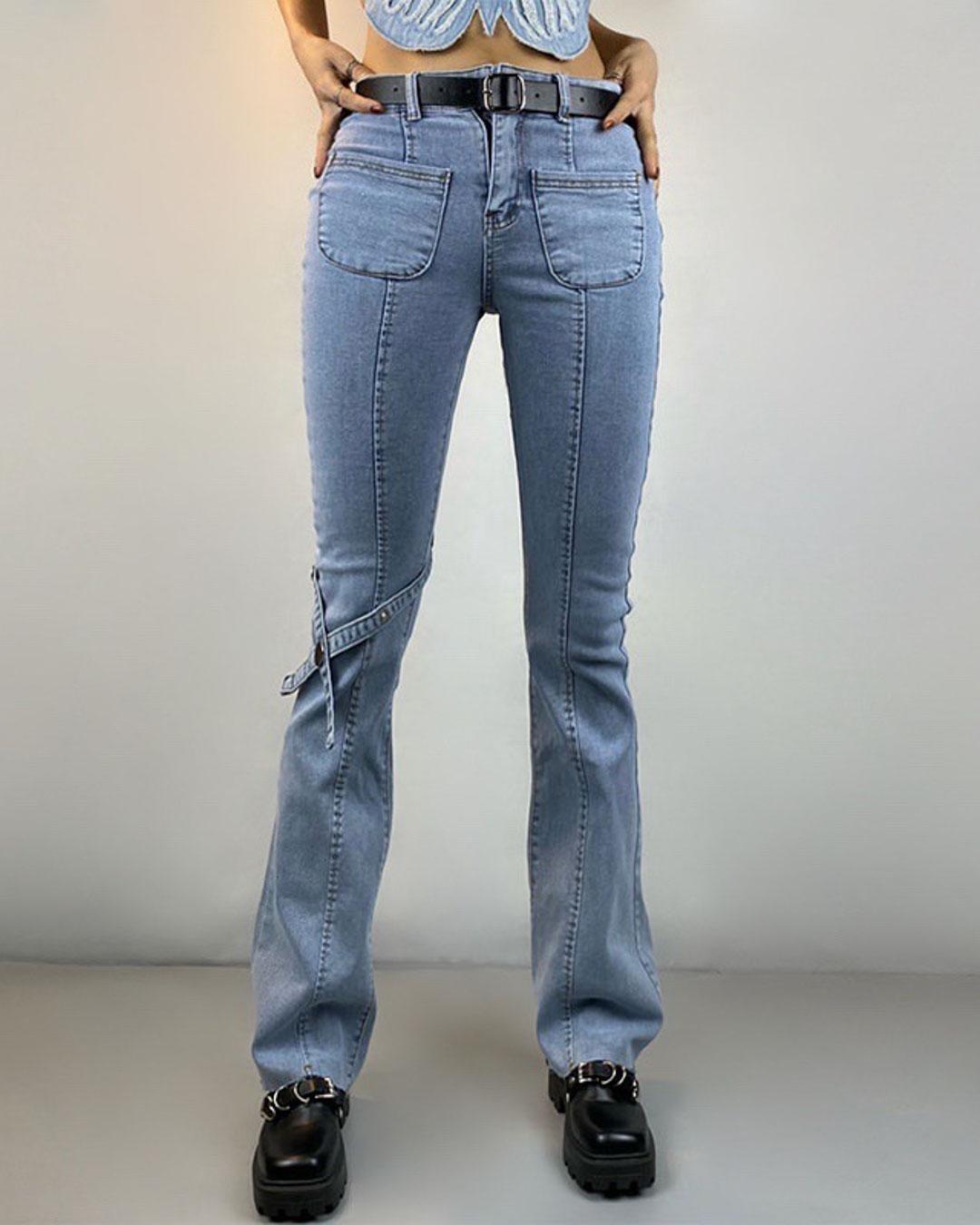 Casual Pocket Lace-Up Flare Denims Jeans
